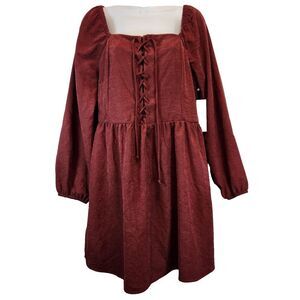 Kirious Women Dress Brown Suede Square Neck Puff Sleeve Sz L Victorian Steampunk